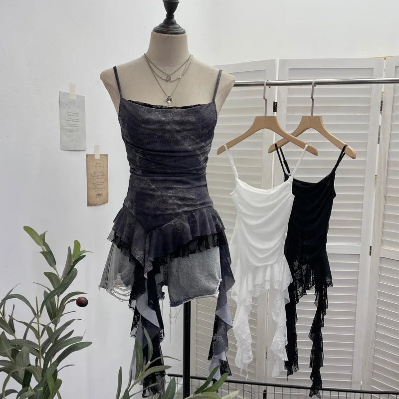 ISAROSE Summer Y2K Camisole for Women Casual Spaghetti Straps Double Layers Lace Stretch Mesh Patchwork Asymmetrical Slim Tops