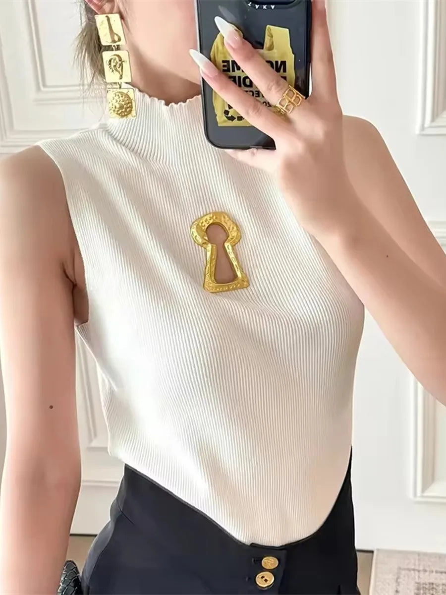 Spring Summer Solid Spliced Metal Buckle Slimming Knit Tshirt For Women Turtleneck Sleeveless Minimalist T Shirt Female Fashion