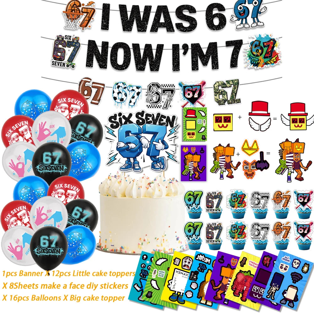 I WAS 6 NOW IM 7 Number 67 Themed Birthday Party Decoration Banner Balloon Cake Toppers＆ Make A Face DIY Stickers Creative Gift