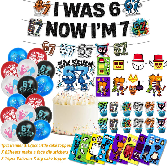 I WAS 6 NOW IM 7 Number 67 Themed Birthday Party Decoration Banner Balloon Cake Toppers＆ Make A Face DIY Stickers Creative Gift