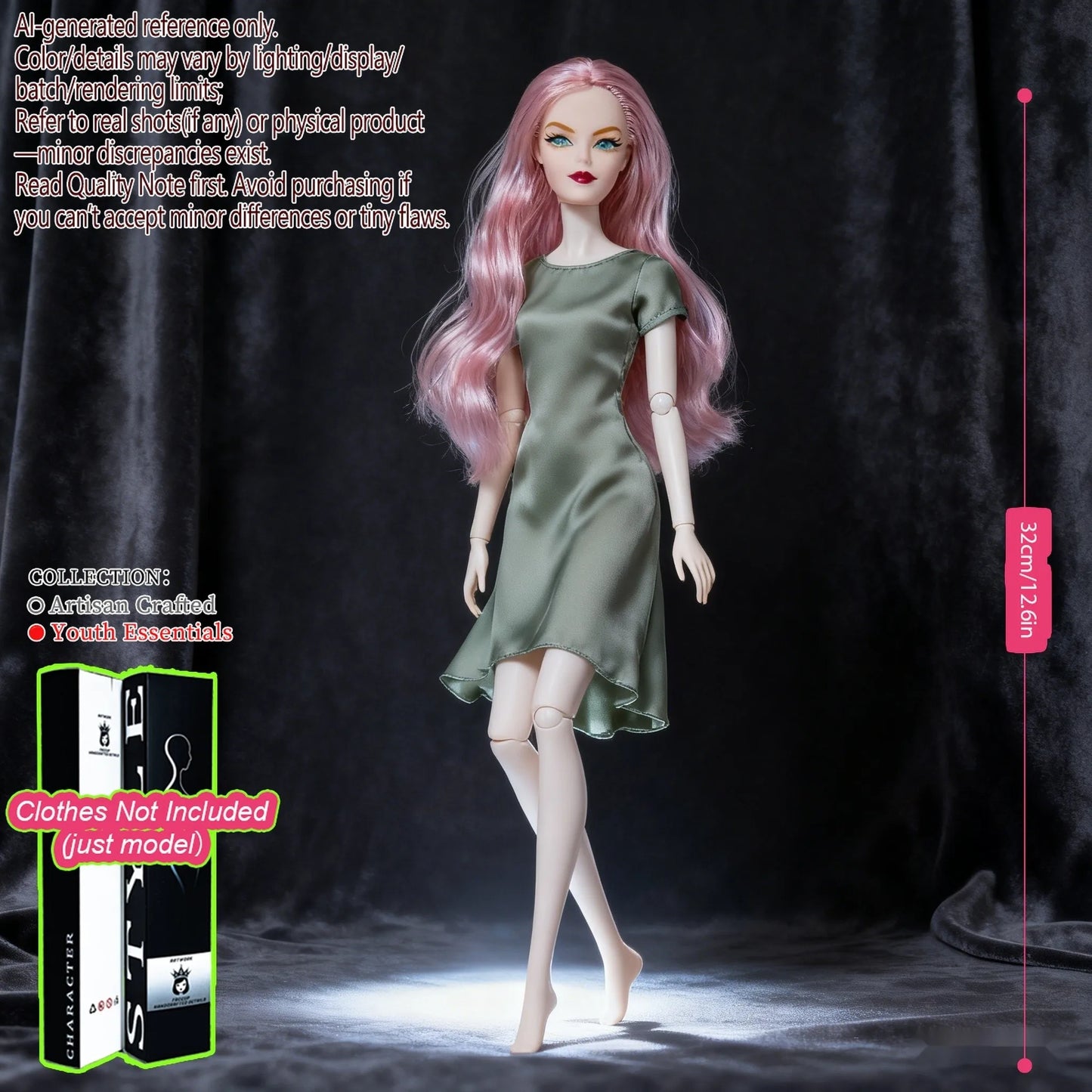 Multi-Poseable 12.6in 1/6 BJD - 12-Articulated, Realistic Makeup, Collector’s Gift, Desktop Display (No Clothing)