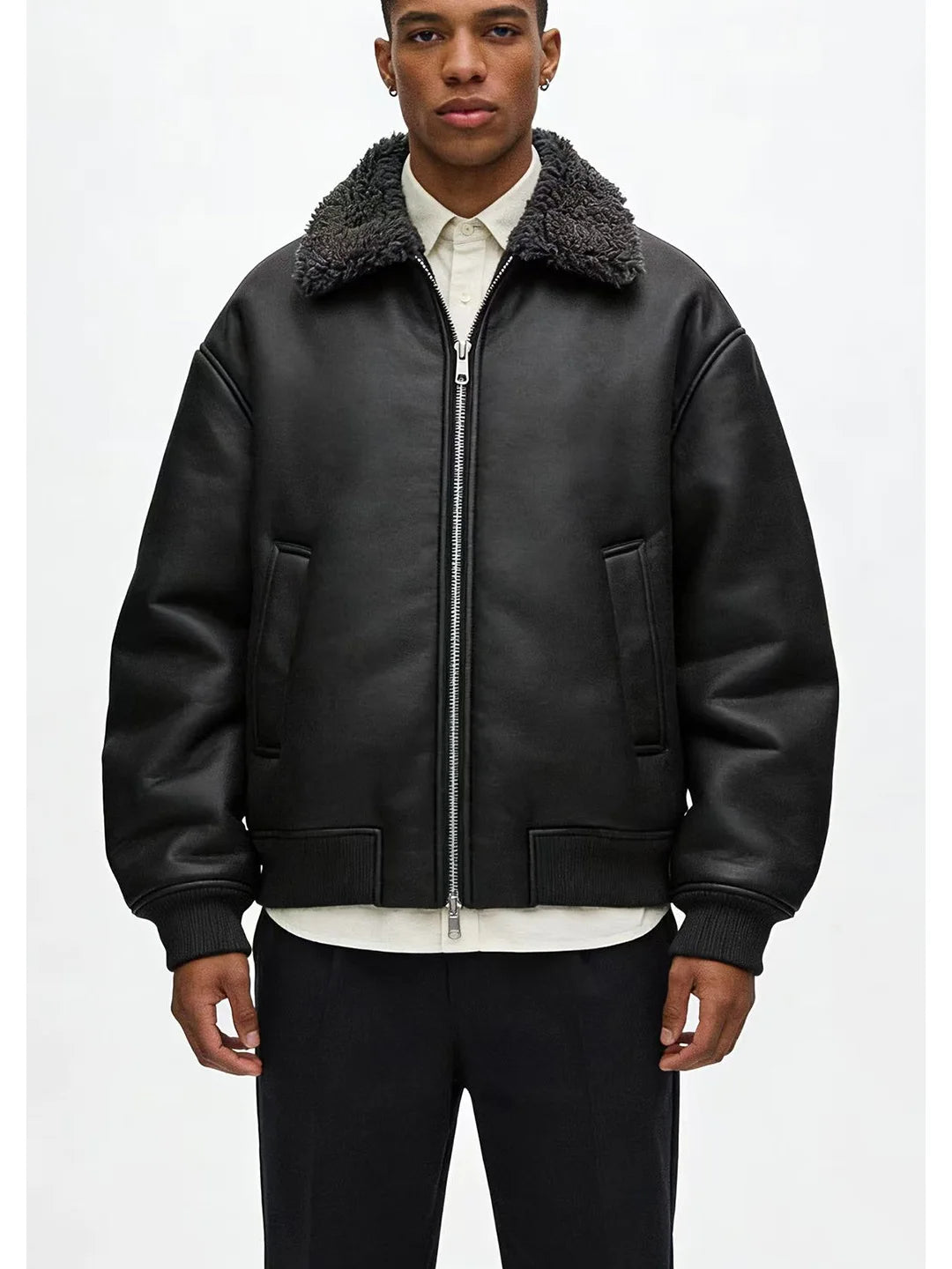 Loose Double-Sided Leather Effect Jacket Men's Casual Style Long Sleeve Zipper Closure Pure Color HMZR Autumn Winter New Arrival