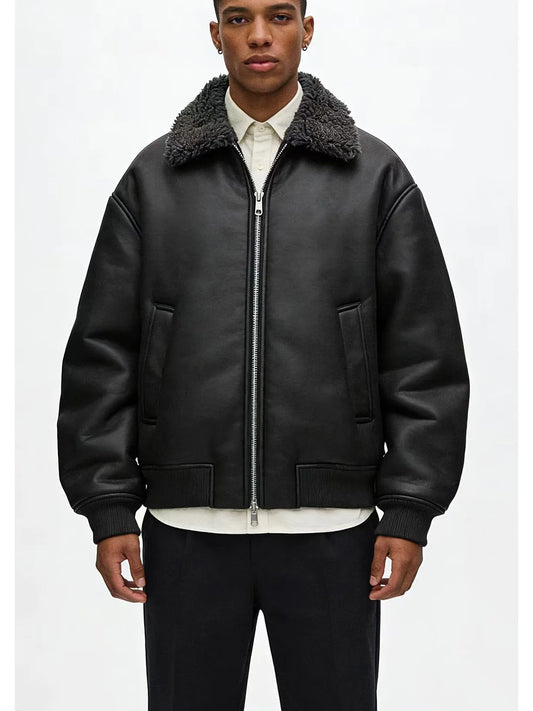 Loose Double-Sided Leather Effect Jacket Men's Casual Style Long Sleeve Zipper Closure Pure Color HMZR Autumn Winter New Arrival