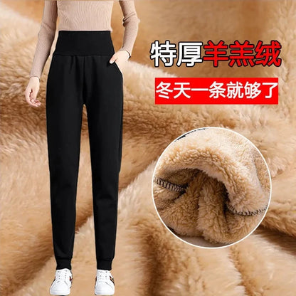 plus Size Fleece Lined Thickened Lamb Velvet Casual Slim Fit Pants Winter New Loose Warm Slimming Straight Leg Sweatpants