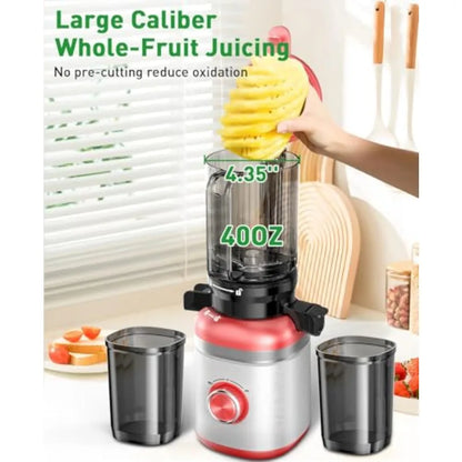 Cold Press Juicer Machines for home kitchen use, ABS plastic body, red color, wide feed chute and high juice yield