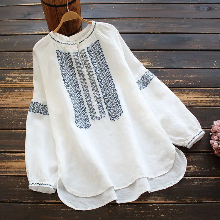 Retro Embroidered Cotton Linen Long Sleeve Women's Shirt Thin Top Large Size Cotton Linen Long Sleeve T-Shirt Commute Wear