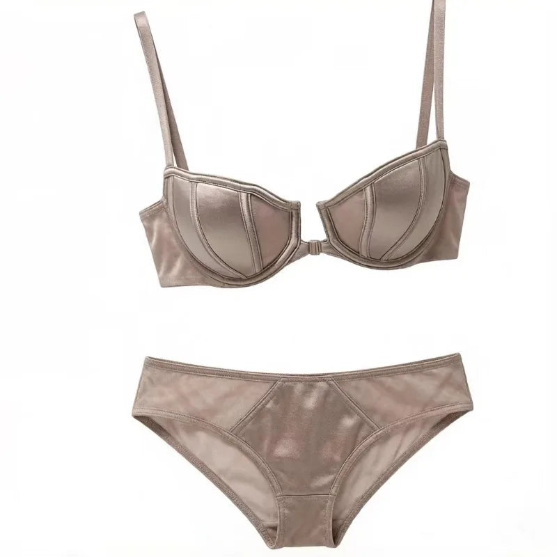 Front Fastening Push Up Bra Lingerie Set Sexy Satin Mesh Semi-Cup Underwired Lift Bra and Panty Set S-XL Size  Lingerie Sexy Set