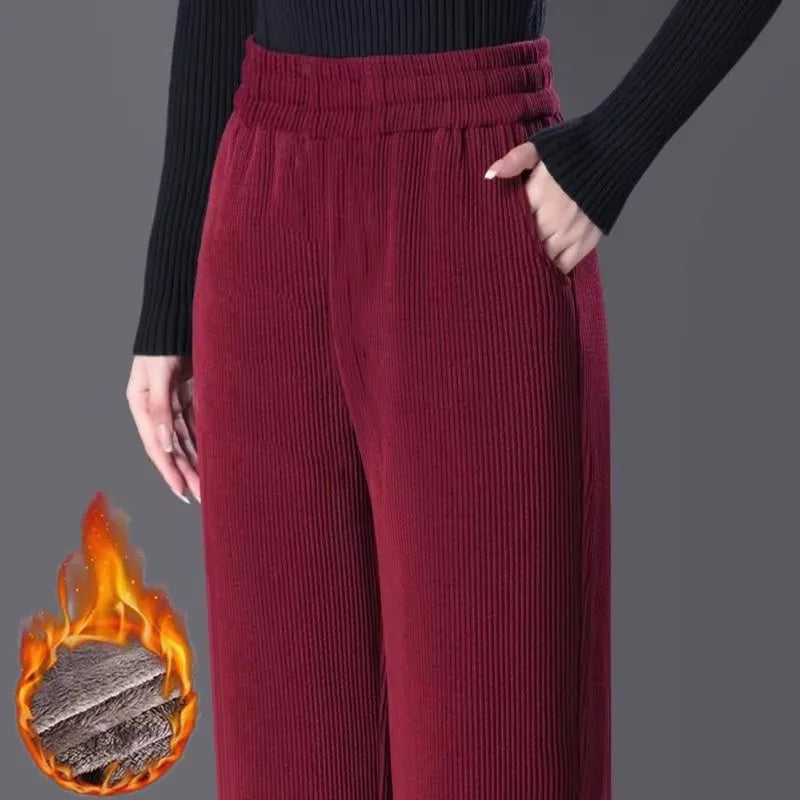 Women's Fleece Lined Corduroy Wide Leg Pants High Waist Warm Straight Cut Casual Trousers Autumn Winter New Mom Comfortable
