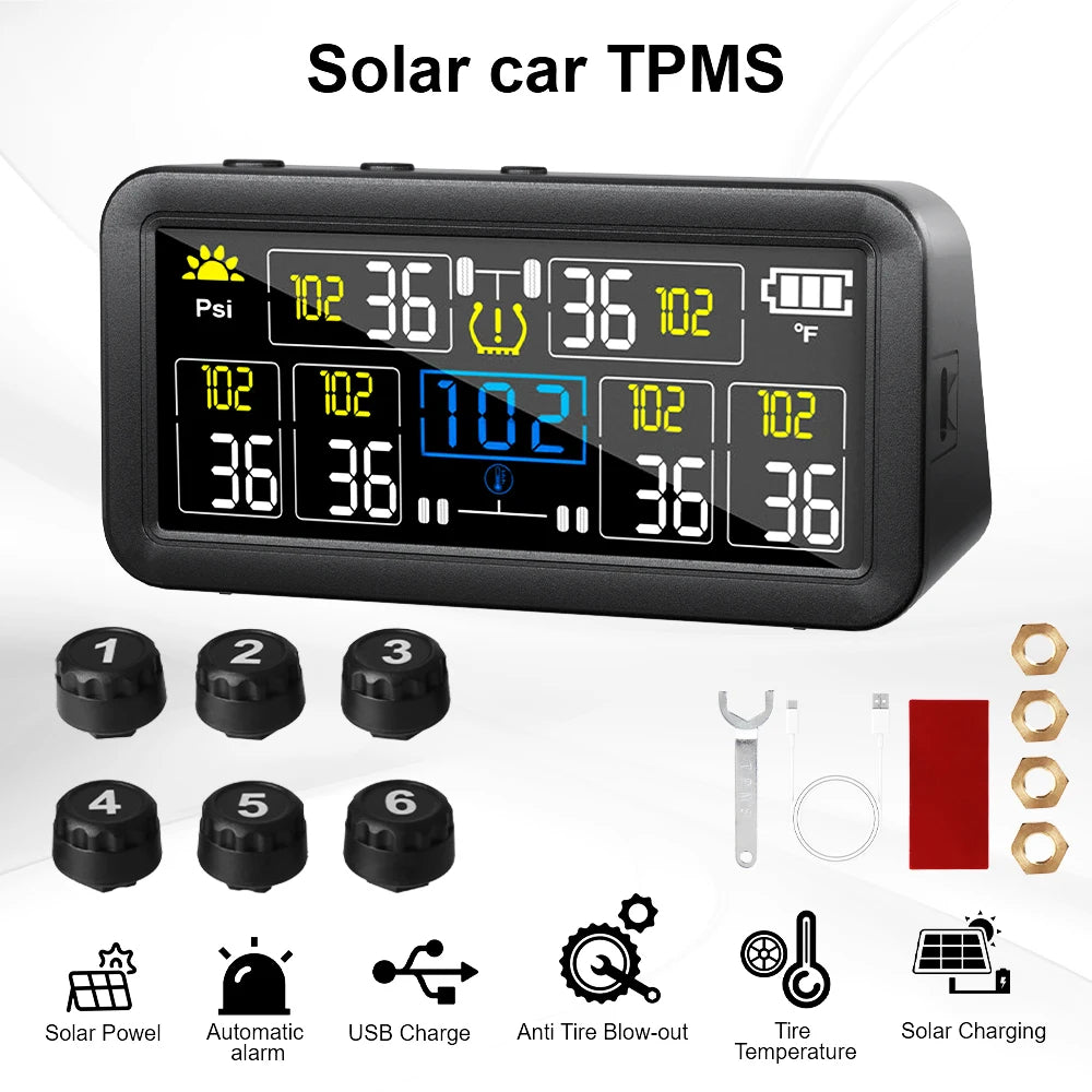 4/6 TPMS Sensors AutoTruck TPMS Digital Display Automobile Truck Tire Pressure Alarm Solar TPMS Tire Pressure Monitoring System