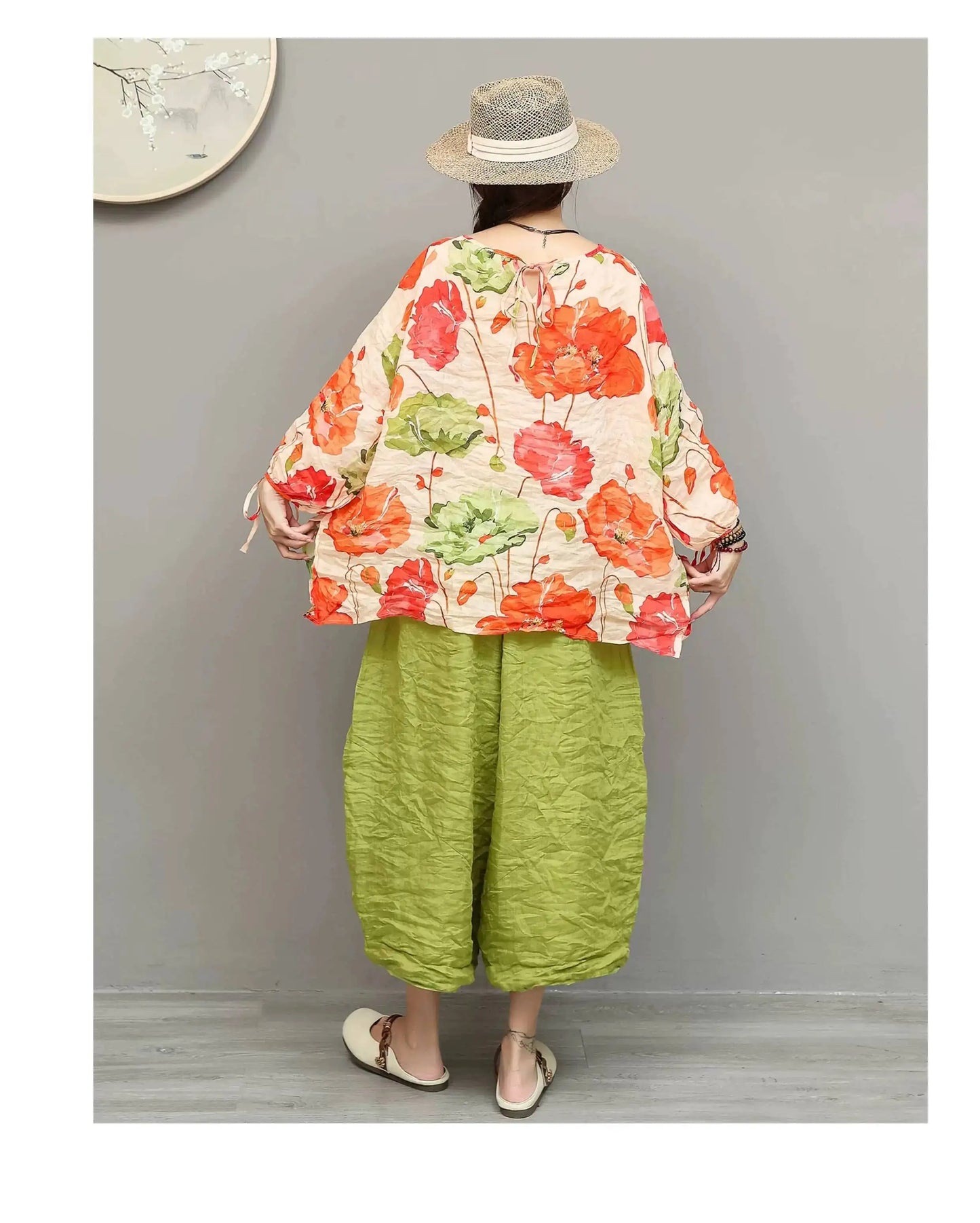 Artistic Ramie Suit Women Summer Floral Tie-up Top + Loose Wide-leg Cropped Pants Two-piece Set XY336