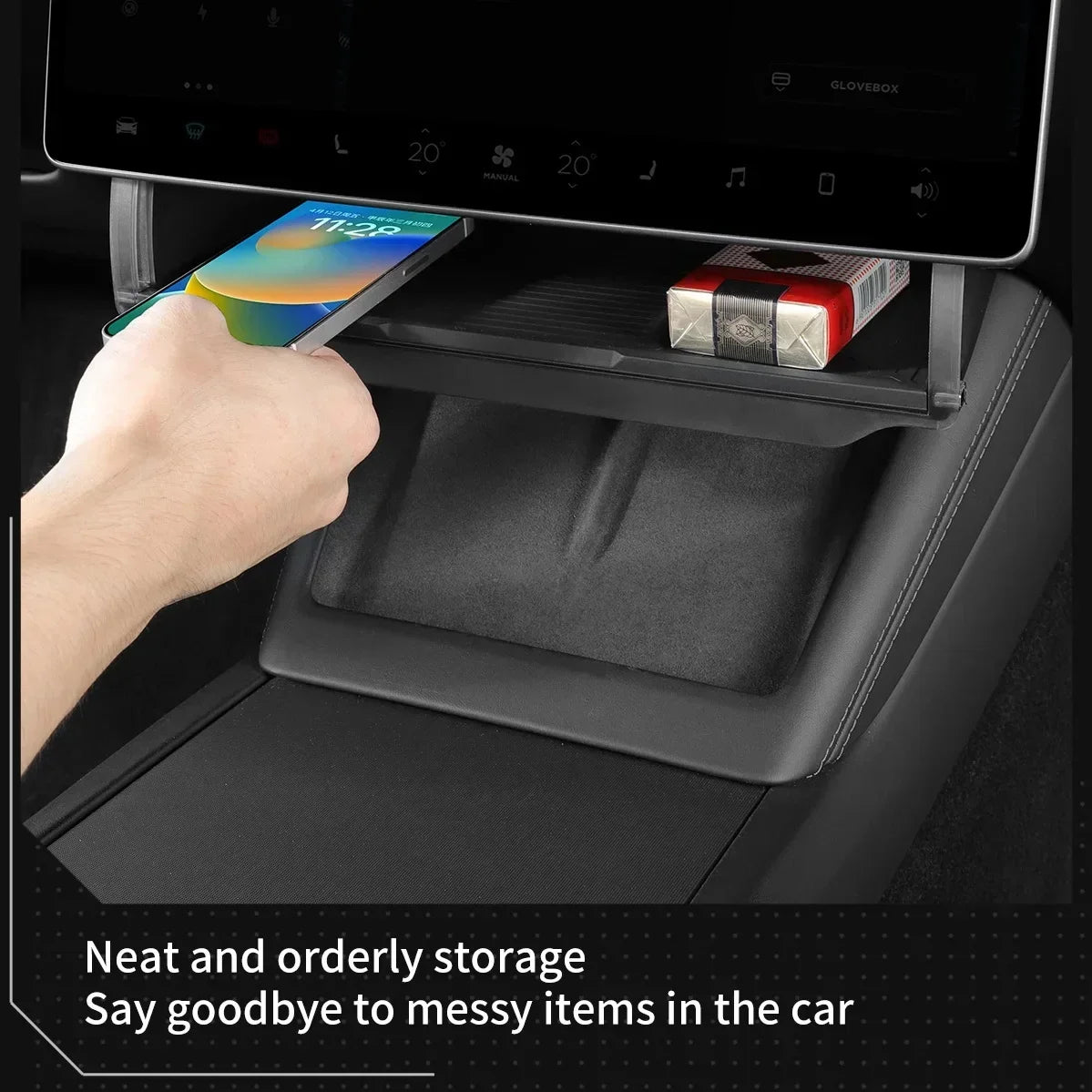 For Tesla Model Y Juniper 2025 Accessories Under-Screen Storage Organizer Box Center Console Screen Protect Trim Charge Pad Mat