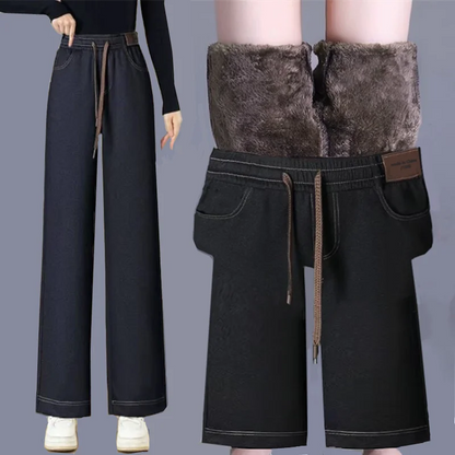 High Waist Fleece Lined Thick Wide Leg Jeans Women's Casual Straight Leg Pants Autumn Winter Loose Fit Comfortable Trousers