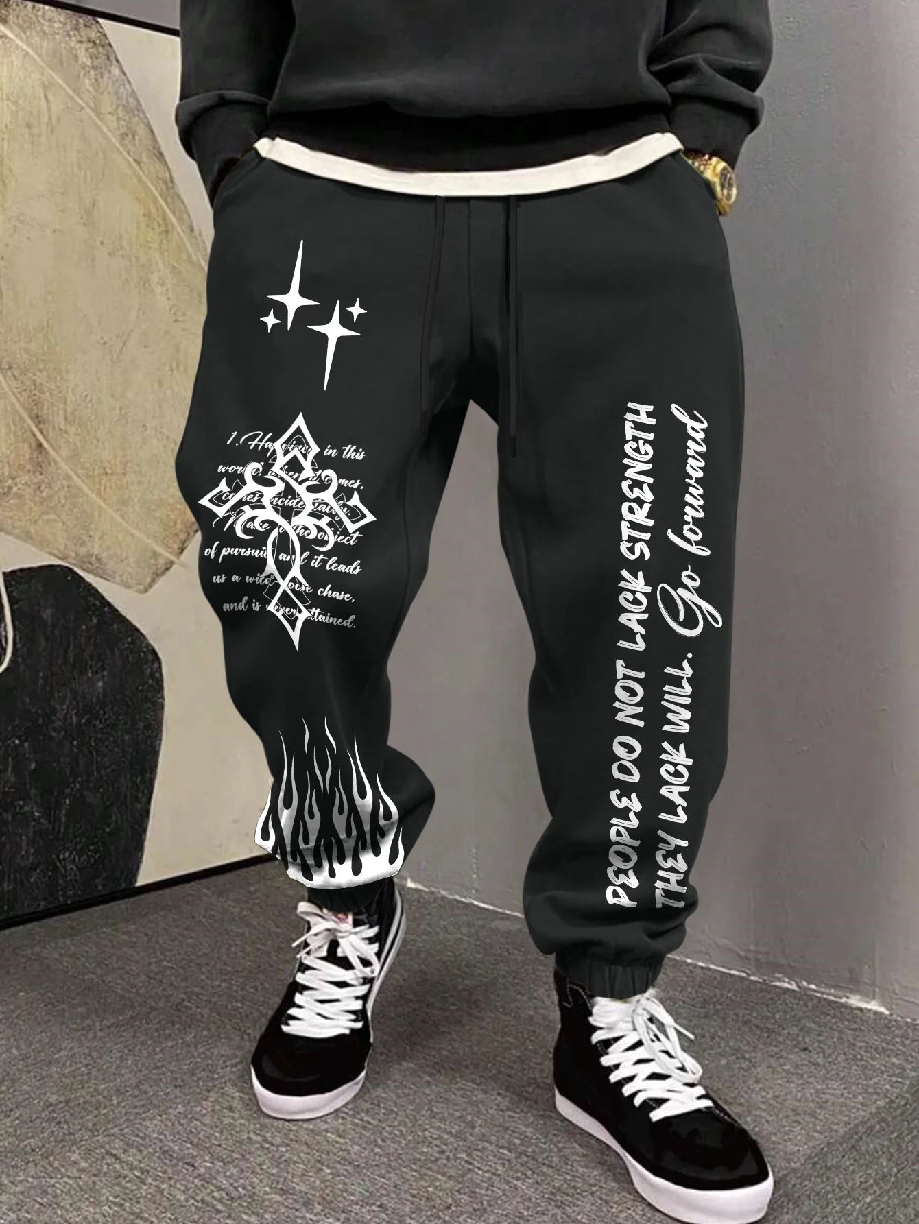 Men's Retro Vintage Script Letter Flame Graphic Joggers Elastic Cuff Sweatpants Popular Streetwear Casual Pants