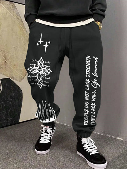 Men's Retro Vintage Script Letter Flame Graphic Joggers Elastic Cuff Sweatpants Popular Streetwear Casual Pants