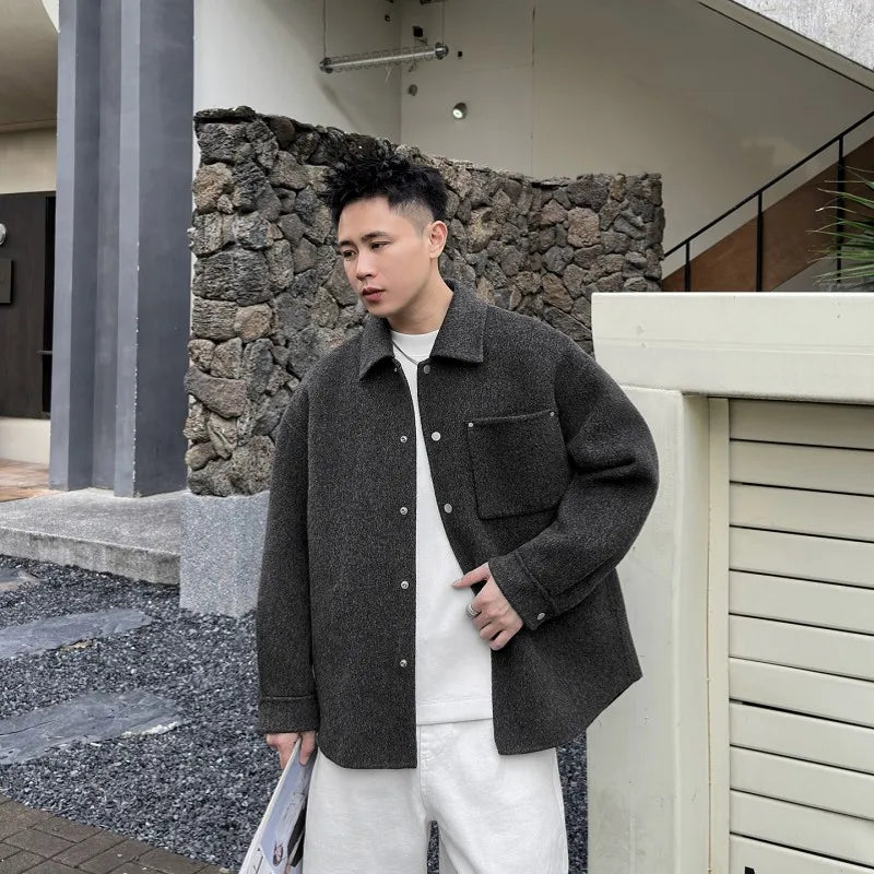 Male Fashion Winter Warm Turn Down Collar Double Sided Jacket Single Breasted Trench Coat Long Sleeves Pocket Loose Fit Overcoat