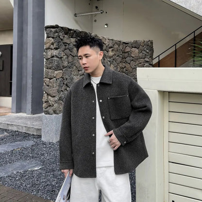 Male Fashion Winter Warm Turn Down Collar Double Sided Jacket Single Breasted Trench Coat Long Sleeves Pocket Loose Fit Overcoat