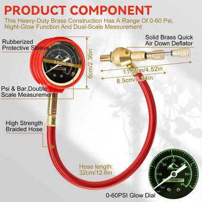 RapidFlow Tire Deflator Kit 0-60 PSI Glow Dial Dual Scale Air Pressure Gauge for Jeep Truck ATV SUV Etc offroad accessories 4x4