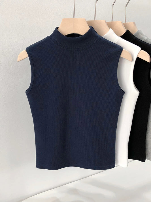 Skin-friendly Comfortable Short Half-high Collar Sleeveless Vest Early Autumn Slim-fit Ribbed T-shirt Women's Fashion Top