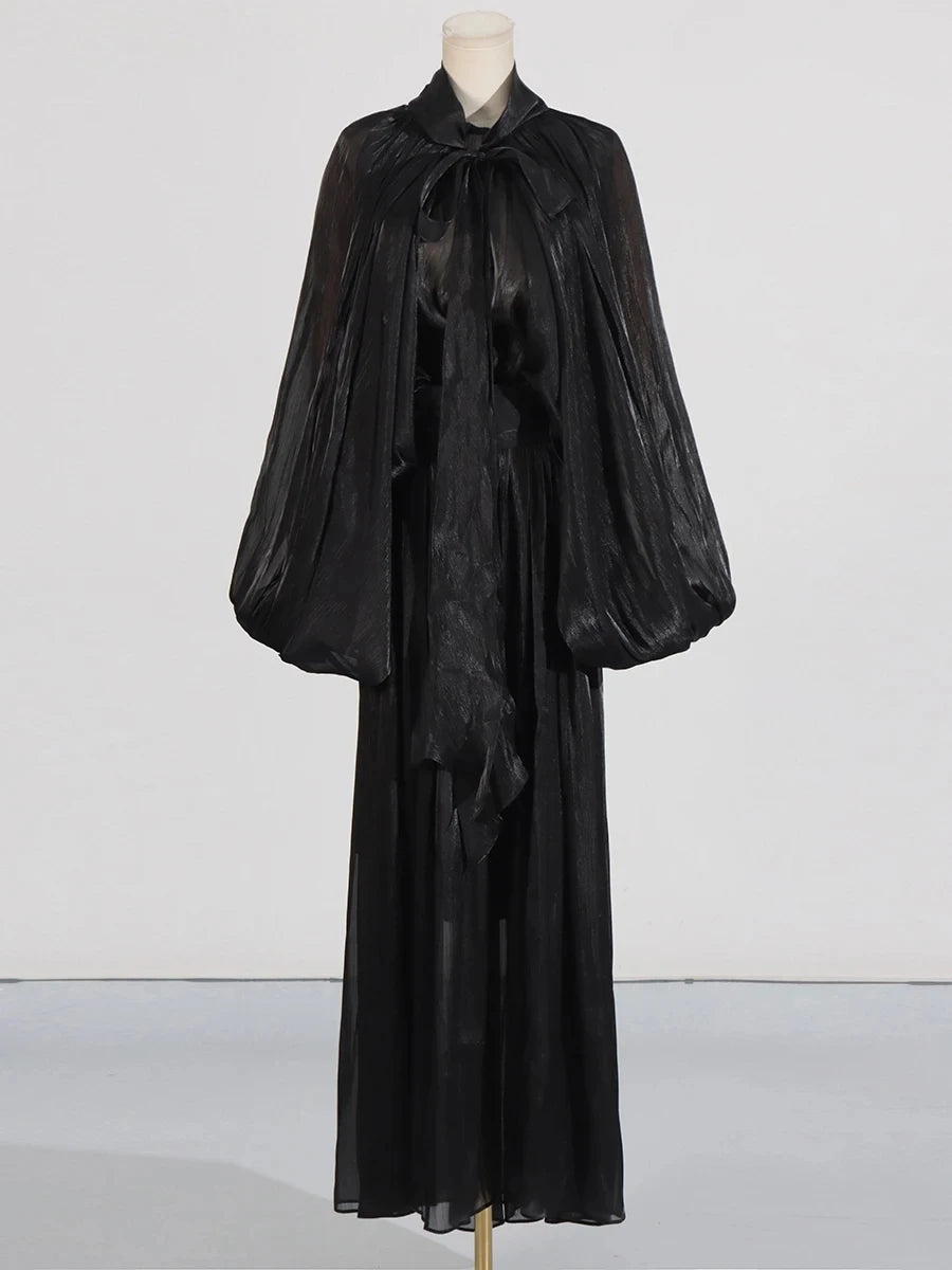 VGH Minimalist Spliced Folds Maxi Dresses for Women Scarf Collar Lantern Sleeve Loose Waist Casual Temperament Dress Female New