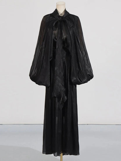 VGH Minimalist Spliced Folds Maxi Dresses for Women Scarf Collar Lantern Sleeve Loose Waist Casual Temperament Dress Female New