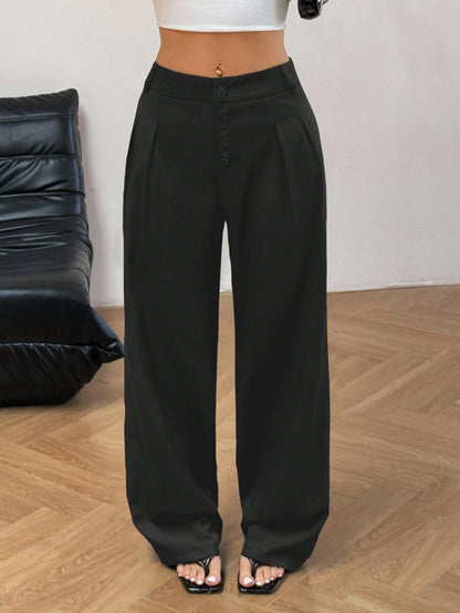 Women's Black High Waist Wide Leg Pants | Button Fly Pleated Draped Flattering Office Suit Trousers, Versatile