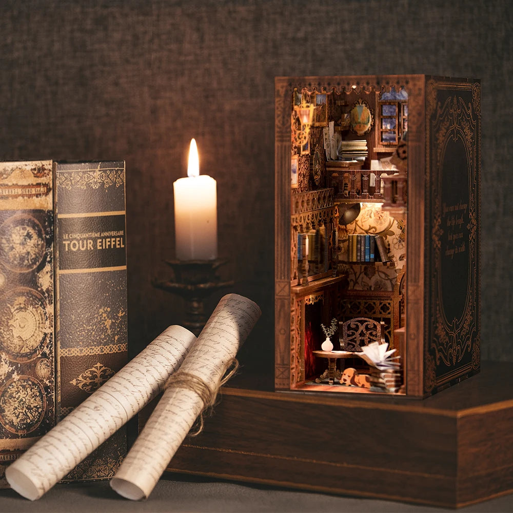 Cutebee DIY Book Nook Miniatures Shelf Insert Dollhouse Model Roombox Building Kit Wooden Bookshelf Toys Bookend for Xmas Gifts