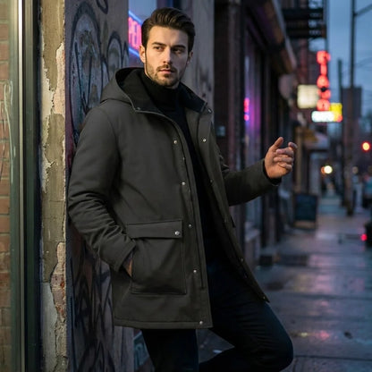 Men's New Hooded Winter Jacket, Premium Faux Suede Padded Lined Zippered Coat - Ultra Warm Urban Style for Chilly Days