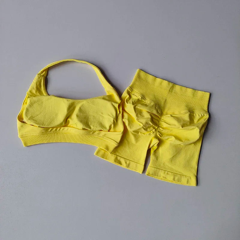 Women's Seamless Halter Yoga Set 2 Piece High Waist Scrunch Butt Shorts Quick Dry Breathable Gym Activewear