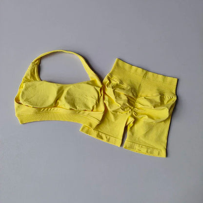 Women's Seamless Halter Yoga Set 2 Piece High Waist Scrunch Butt Shorts Quick Dry Breathable Gym Activewear