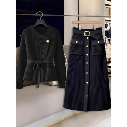 Elegant Autumn Winter Knitted Sweater Long Sleeve Women's Skirt Set High Waist Loose Fit Fashionable Two-Piece Ensemble