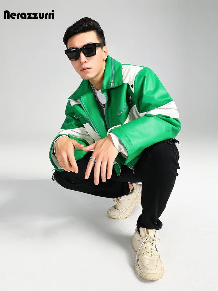 Nerazzurri Autumn Winter Short Quilted Warm Oversized Green and White Patchwork Pu Leather Jacket Men Luxury Designer Menswear