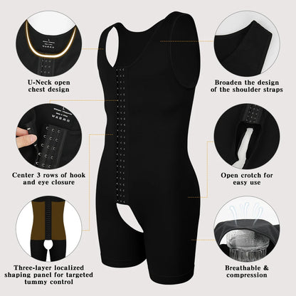 Men's Compression Shapewear  Tummy Control Full Body Shaper Slimming Bodysuit with Open Crotch for Post Surgery Recovery