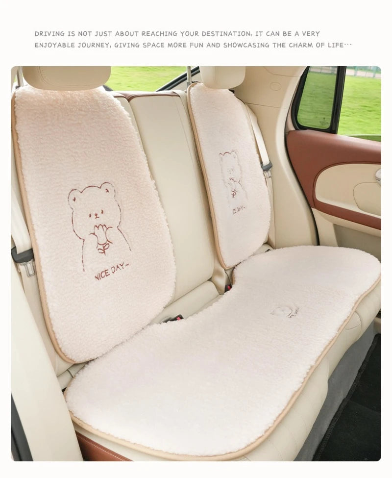 Premium Fuzzy Bear Car Seat Cushion Autumn Winter Thermal Vehicle Seat Cover with Thick Padding Cute Animal Themed Car Accessory