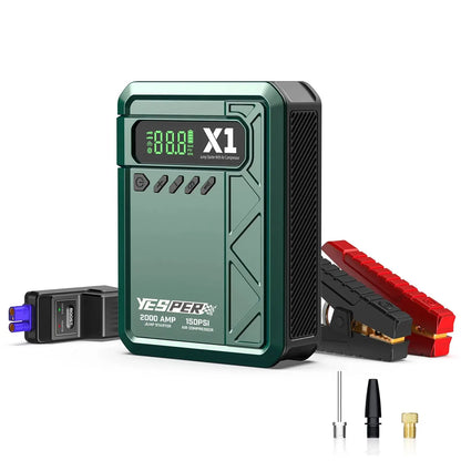 YESPER 2000A Jump Starter & 150PSI Air Compressor – 12000mAh Power Bank with LED Screen, Tyre Inflator for 8L Gas/6L Diesel