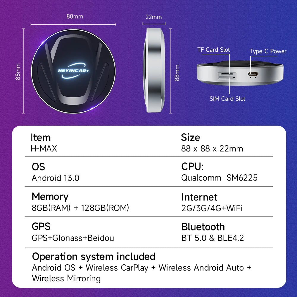 Android 13 HEYINCAR CarPlay AI Box Qualcomm SM6225 Wireless CarPlay Android Auto Smart TV Box For Netflix YouTube 4+64G 8+128G