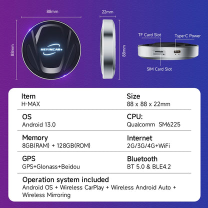 Android 13 HEYINCAR CarPlay AI Box Qualcomm SM6225 Wireless CarPlay Android Auto Smart TV Box For Netflix YouTube 4+64G 8+128G