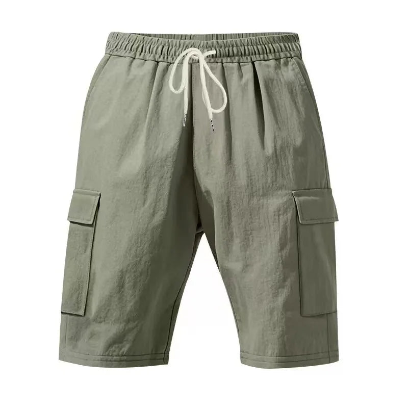 2026 New Summer Casual Cotton and Linen Pocket Solid-Color Shorts, Men's Lace-Up Fashionable and Comfortable Beach Cargo Pants