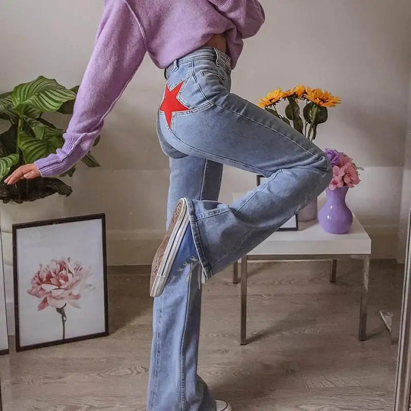 Vintage Star Print High Waist Jeans Women Harajuku 90s Pants Long Casual Trousers Other 100% Material Ladies Premium Fashion