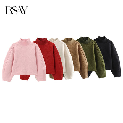 BSAY Women Fashion Autumn Winter 2024 New Loose Solid Color Long Sleeved Stand Collar Pullover Top Chic Female Sweatshirt