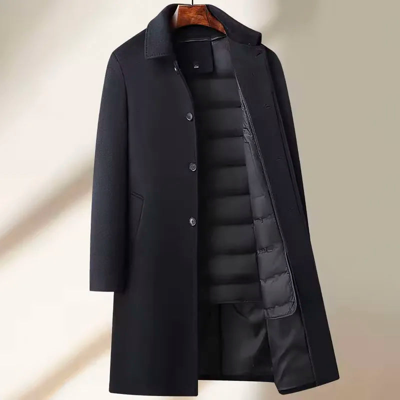 High Quality Men's Long-Length Wool Duck Down Liner Woolen Coat Business Casual Windbreaker Puffer Jacket Solid Wool Overcoat