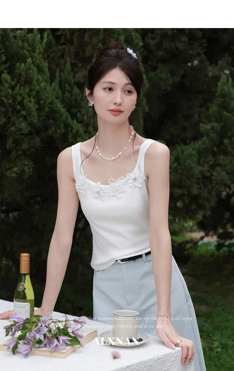ALXNAN White Tank Tops Women 3D Floral Design Elegant Square Neck Camisole Summer Casual Cotton Female Sleeveless Tops L62833