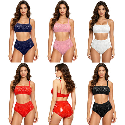 Women Waterproof Swimsuit Bikini Lingerie Set Swimwear Nightwear Clubwear Bra Top with Shorts for Beach Pool Party Sunbathing