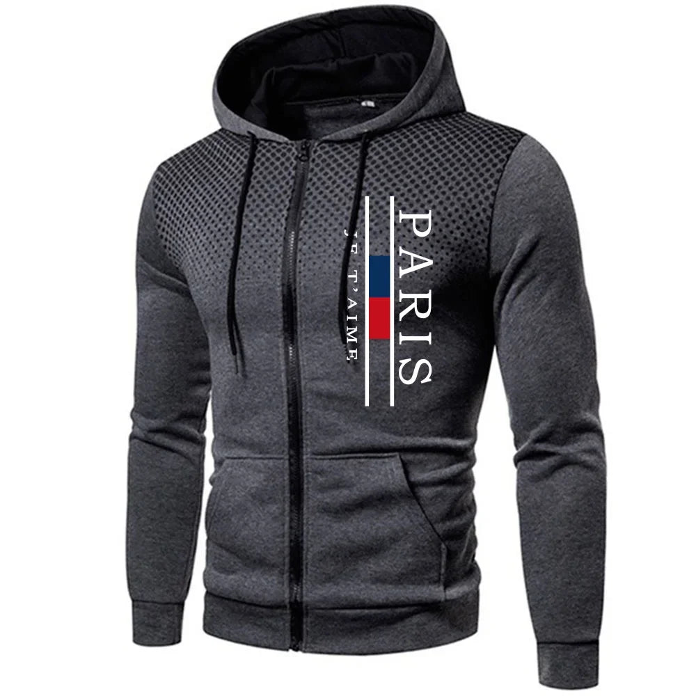 Paris Printing Mens Jackets Casual Zipper Hooded Coat Outdoors Sports Jogging Mens Clothing Autumn Winter Round Dot Sweatshirts