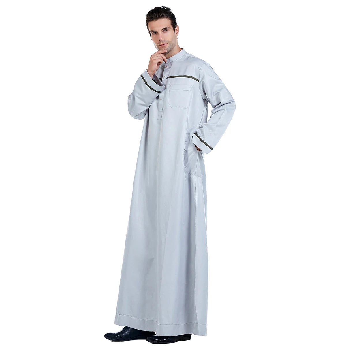 TH818 Men's Muslim Middle Eastern Men Long Sleeves Stand Collar Color-matching Button Robe Ramadan Eid Jubba Thobe