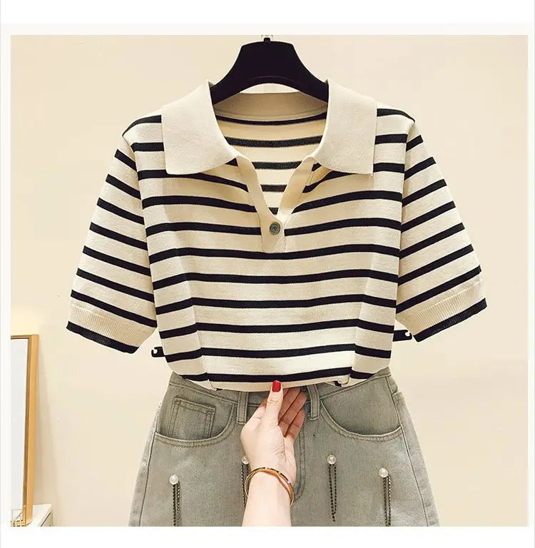 Loose Fit Ice Silk Knitted Short Sleeve T-Shirt Women's Summer Button up Top Slimming Striped  Neck Design plus Size