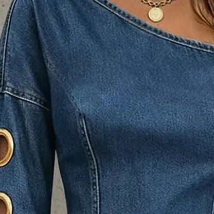 Denim One-Shoulder T Shirt Women Long Sleeve Grommet Eyelet Cutout Slim Fit Casual Streetwear Chic Casual Vintage Jean Blouse