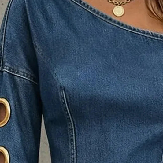 Denim One-Shoulder T Shirt Women Long Sleeve Grommet Eyelet Cutout Slim Fit Casual Streetwear Chic Casual Vintage Jean Blouse