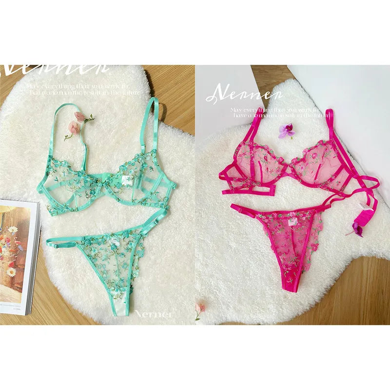 Sweet Sexy Lace Lingerie Set, Floral Embroidery Sheer Mesh, Thin Cooling, Big Bust Relief, Japanese Daily Women Underwear 32-38