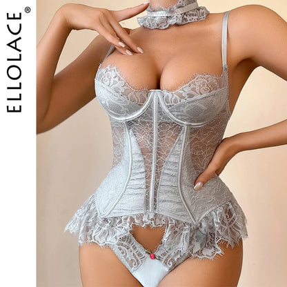 Ellolace Premium Women's Lingerie Sets Romantic Palace Corset Bra Panty Choker 3PC Elegant Princess Intimate Silver Underwear