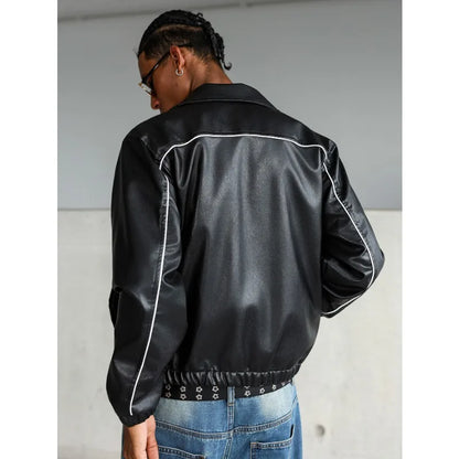 Men's High Street Faux Leather Jacket Retro Windproof Warm Coat Men Letter Print Lapel Collar Motorcycle Street Style Outerwear